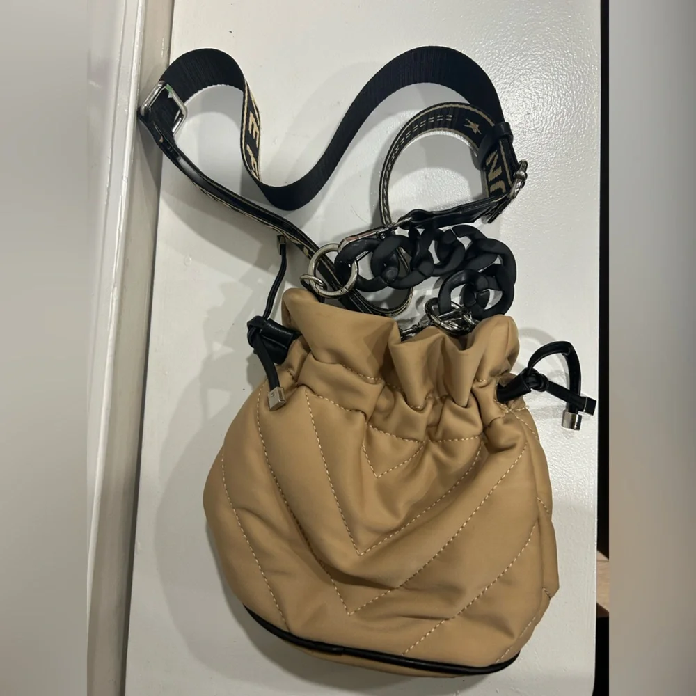 Zara tan quilted crossbody bag with black strap
